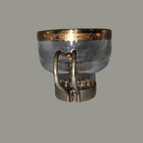 Vintage Etched Glass Cups w/ Metal Holders & Gold Rim Scroll Design Set of 5 - Picture 7 of 7